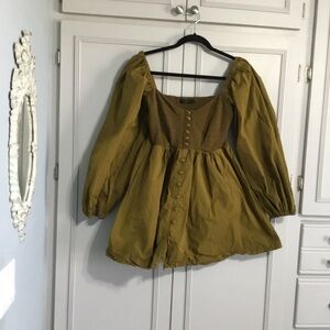 ALAMIA Off Shoulder Long Puff Sleeve Peasant Olive Green Mini Dress size S